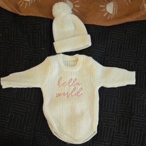 White Knit Baby Onesie and Hat Set